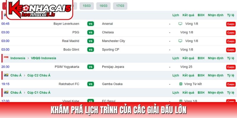 Khám phá lịch trình của các giải đấu lớn